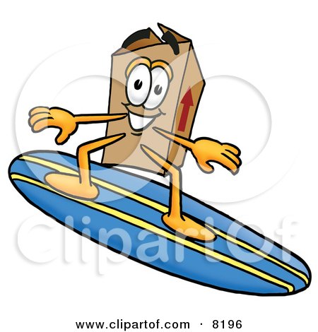 Clipart Picture of a Cardboard Box Mascot Cartoon Character Surfing on a Blue and Yellow Surfboard by Mascot Junction