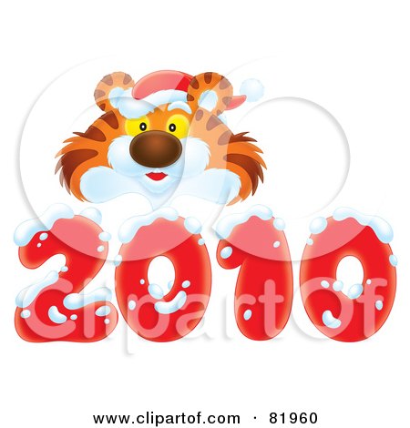 Royalty-Free (RF) Clipart Illustration of a Cute Tiger Wearing A Santa Hat And Peaking Over A Red 2010 Covered In Snow by Alex Bannykh