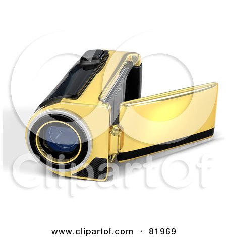 Royalty-Free (RF) Clipart Illustration of a Golden 3d Handy Video Camera With A Pop Out Screen by Tonis Pan