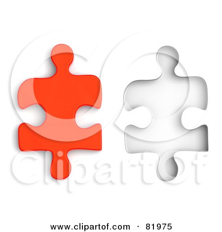 Royalty-Free (RF) Clipart Illustration of a Red 3d Jigsaw Puzzle Piece Beside A Matching Space by Tonis Pan