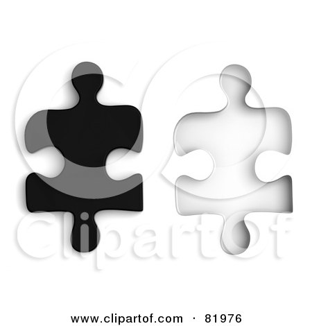 Royalty-Free (RF) Clipart Illustration of a Black 3d Jigsaw Puzzle Piece Beside A Matching Space by Tonis Pan