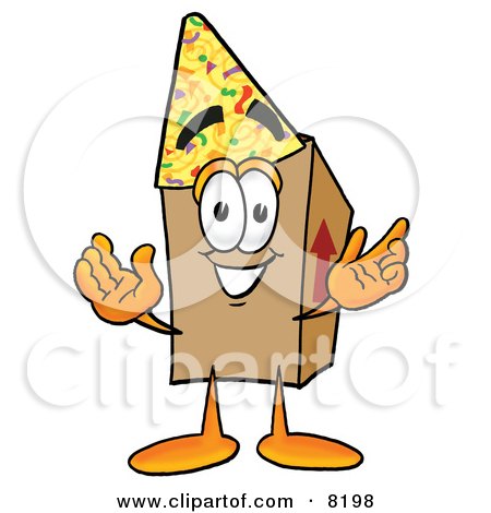 Clipart Picture of a Cardboard Box Mascot Cartoon Character Wearing a Birthday Party Hat by Mascot Junction