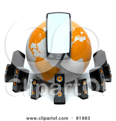 Royalty-Free (RF) Clipart Illustration of a White And Orange 3d Mp3 Player Globe Circled By Speakers by Tonis Pan