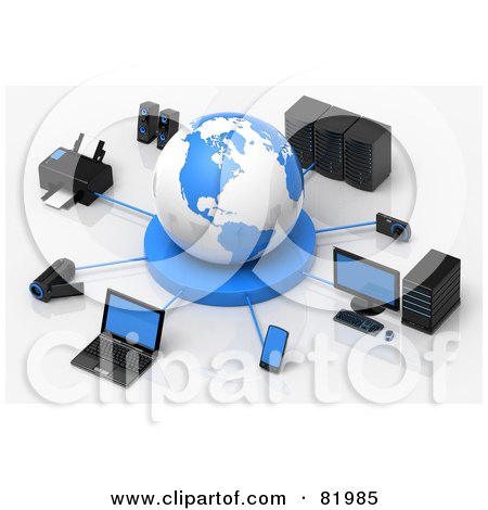 Royalty-Free (RF) Clipart Illustration of a 3d White And Blue Circled By A Printer, Speakers, Servers, Computers, Cameras, Mp3 Players, Laptops And Handy Cams by Tonis Pan