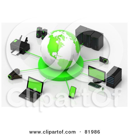Royalty-Free (RF) Clipart Illustration of a 3d White And Green Circled By A Printer, Speakers, Servers, Computers, Cameras, Mp3 Players, Laptops And Handy Cams by Tonis Pan