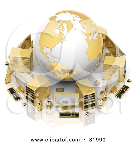 Royalty-Free (RF) Clipart Illustration of a 3d White And Gold Globe Circled By A Printer, Speakers, Servers, Computers, Cameras, Mp3 Players, Laptops And Handy Cams by Tonis Pan