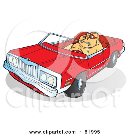 Royalty-Free (RF) Clipart Illustration of a Fat Guy Driving A Red Convertible Car by Snowy