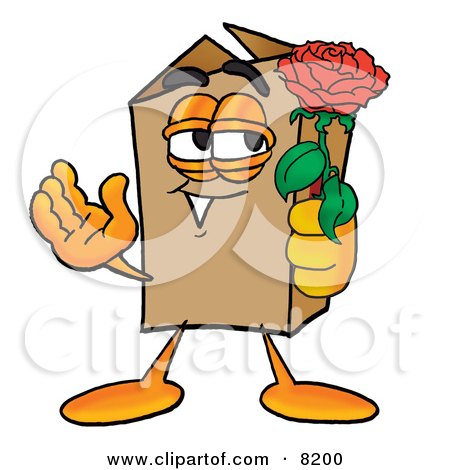 Clipart Picture of a Cardboard Box Mascot Cartoon Character Holding a Red Rose on Valentines Day by Mascot Junction