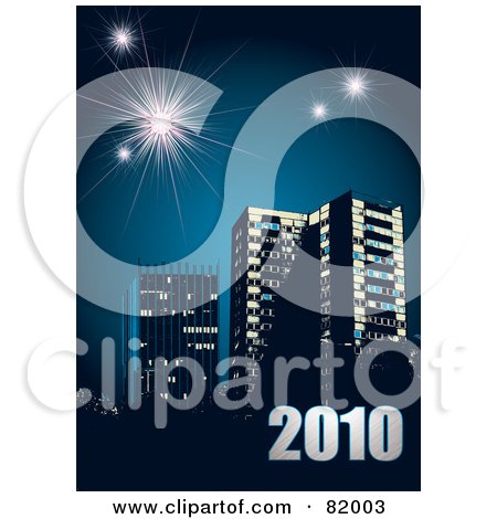 Royalty-Free (RF) Clipart Illustration of a New Year Background Of 2010 Over Urban Buildings On Blue With Fireworks by michaeltravers