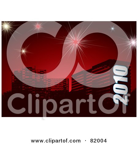 Royalty-Free (RF) Clipart Illustration of a New Year Background Of 2010 Over Urban Buildings On Red With Fireworks by michaeltravers