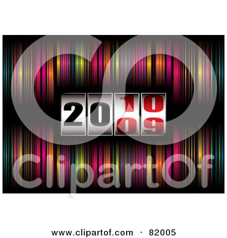 Royalty-Free (RF) Clipart Illustration of a New Year Background Of Dials Turning From 2009 To 2010 Over Colorful Stripes by michaeltravers