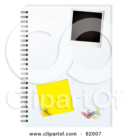 Royalty-Free (RF) Clipart Illustration of an Instant Polaroid Photo Picture On A Notepad With A Sticky Note And Paperclips by michaeltravers