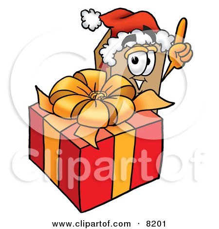 Clipart Picture of a Cardboard Box Mascot Cartoon Character Standing by a Christmas Present by Mascot Junction