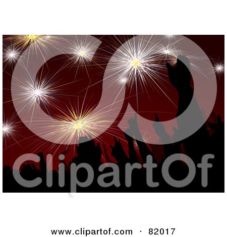 Royalty-Free (RF) Clipart Illustration of Silhouetted Hands Celebrating Under A Red Firework Sky by michaeltravers