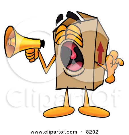 Clipart Picture of a Cardboard Box Mascot Cartoon Character Screaming Into a Megaphone by Mascot Junction