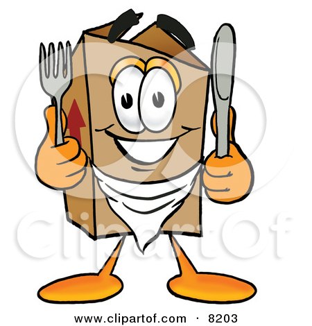 Clipart Picture of a Cardboard Box Mascot Cartoon Character Holding a Knife and Fork by Mascot Junction