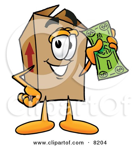 Clipart Picture of a Cardboard Box Mascot Cartoon Character Holding a Dollar Bill by Mascot Junction