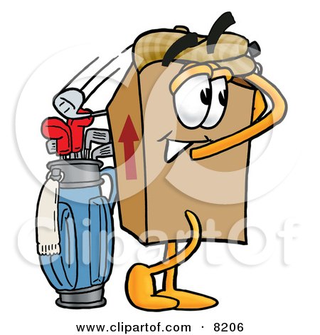 Clipart Picture of a Cardboard Box Mascot Cartoon Character Swinging His Golf Club While Golfing by Mascot Junction