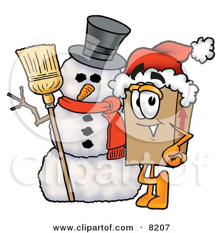 Clipart Picture of a Cardboard Box Mascot Cartoon Character With a Snowman on Christmas by Mascot Junction