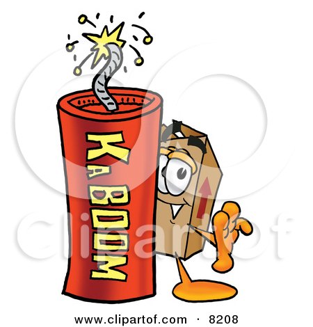 Clipart Picture of a Cardboard Box Mascot Cartoon Character Standing With a Lit Stick of Dynamite by Mascot Junction