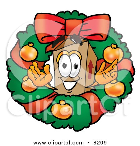 Clipart Picture of a Cardboard Box Mascot Cartoon Character in the Center of a Christmas Wreath by Mascot Junction