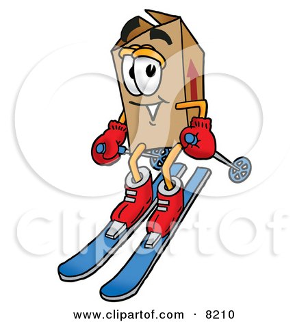 Clipart Picture of a Cardboard Box Mascot Cartoon Character Skiing Downhill by Mascot Junction