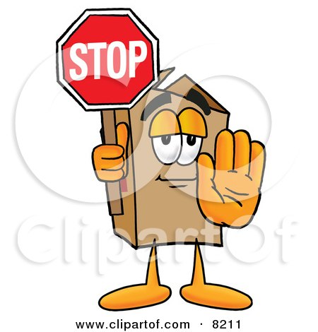 Clipart Picture of a Cardboard Box Mascot Cartoon Character Holding a Stop Sign by Mascot Junction