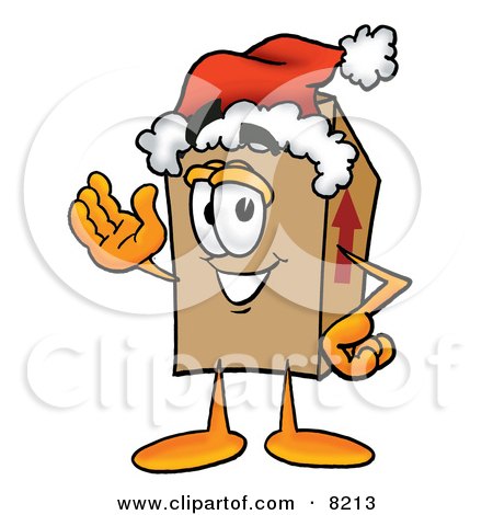 Clipart Picture of a Cardboard Box Mascot Cartoon Character Wearing a Santa Hat and Waving by Mascot Junction