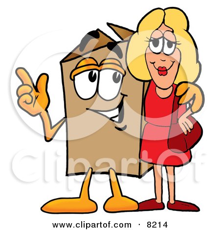 Clipart Picture of a Cardboard Box Mascot Cartoon Character Talking to a Pretty Blond Woman by Mascot Junction