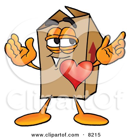 Clipart Picture of a Cardboard Box Mascot Cartoon Character With His Heart Beating Out of His Chest by Mascot Junction