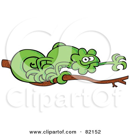 Royalty-Free (RF) Clipart Illustration of a Curly Tailed Green Chameleon Walking On A Tree Branch by Zooco