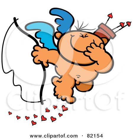 Royalty-Free (RF) Clipart Illustration of a Giggling Nude Cupid Holding A Bow And Covering His Mouth While Dropping Hearts by Zooco