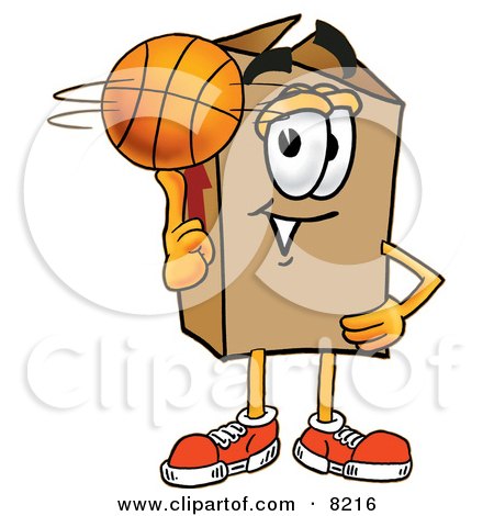 Clipart Picture of a Cardboard Box Mascot Cartoon Character Spinning a Basketball on His Finger by Mascot Junction