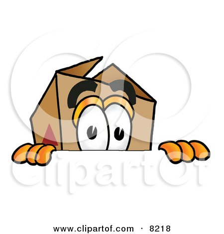 Clipart Picture of a Cardboard Box Mascot Cartoon Character Peeking Over a Surface by Mascot Junction