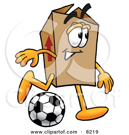 Clipart Picture of a Cardboard Box Mascot Cartoon Character Kicking a Soccer Ball by Mascot Junction
