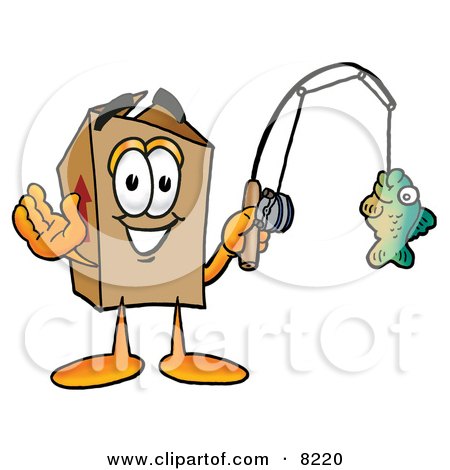 Clipart Picture of a Cardboard Box Mascot Cartoon Character Holding a Fish on a Fishing Pole by Mascot Junction