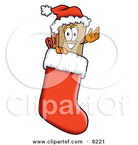 Clipart Picture of a Cardboard Box Mascot Cartoon Character Wearing a Santa Hat Inside a Red Christmas Stocking by Mascot Junction