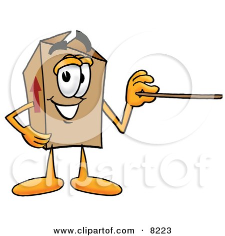 Clipart Picture of a Cardboard Box Mascot Cartoon Character Holding a Pointer Stick by Mascot Junction