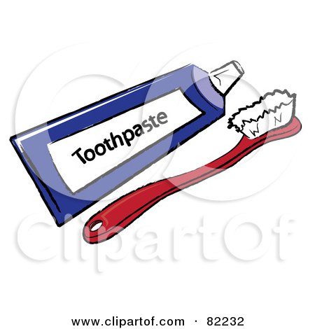 Royalty-Free (RF) Clipart Illustration of a Red Toothbrush And Blue Tube Of Toothpaste by Pams Clipart