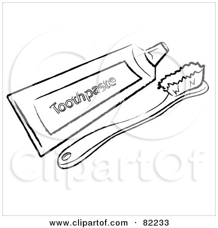 Royalty-Free (RF) Clipart Illustration of an Outline Of A Red Toothbrush And Tube Of Toothpaste by Pams Clipart