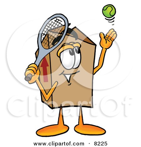 Clipart Picture of a Cardboard Box Mascot Cartoon Character Preparing to Hit a Tennis Ball by Mascot Junction