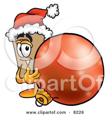 Clipart Picture of a Cardboard Box Mascot Cartoon Character Wearing a Santa Hat, Standing With a Christmas Bauble by Mascot Junction