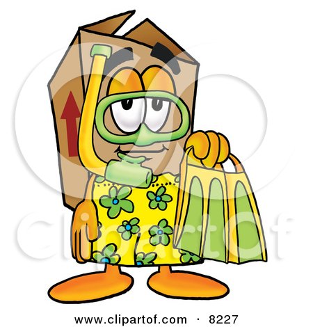 Clipart Picture of a Cardboard Box Mascot Cartoon Character in Green and Yellow Snorkel Gear by Mascot Junction