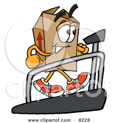 Clipart Picture of a Cardboard Box Mascot Cartoon Character Walking on a Treadmill in a Fitness Gym by Mascot Junction