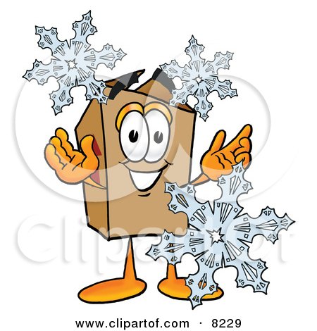 Clipart Picture of a Cardboard Box Mascot Cartoon Character With Three Snowflakes in Winter by Mascot Junction