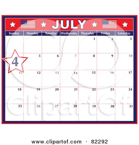 Royalty-Free (RF) Clipart Illustration of a Red, White And Blue Independence Day July Calendar With A Star Around The 4th Day by Maria Bell