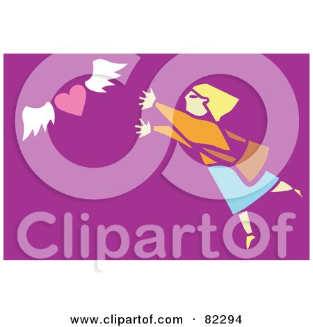 Royalty-Free (RF) Clipart Illustration of a Woman Chasing A Flying Heart, On Purple by xunantunich