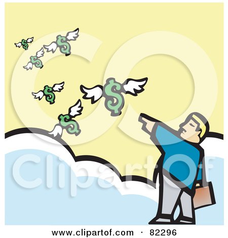 Royalty-Free (RF) Clipart Illustration of a Businessman Standing On Clouds And Pointing At Flying Dollars by xunantunich