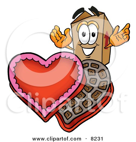 Clipart Picture of a Cardboard Box Mascot Cartoon Character With an Open Box of Valentines Day Chocolate Candies by Mascot Junction