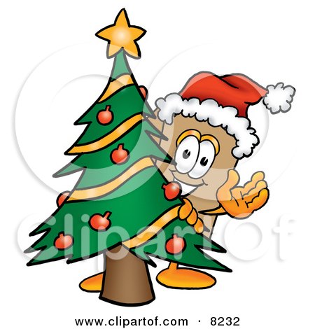 Clipart Picture of a Cardboard Box Mascot Cartoon Character Waving and Standing by a Decorated Christmas Tree by Mascot Junction